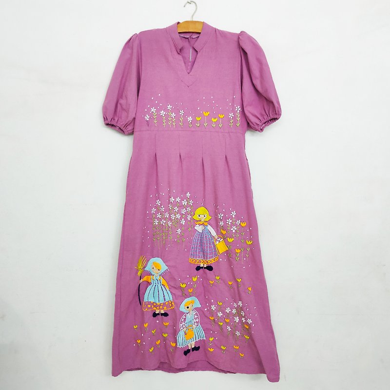 Custom Order | No.STA0291 A-line dress, long body, thick cotton, 100% hand Embroidery thread, girl&#39;s pattern.