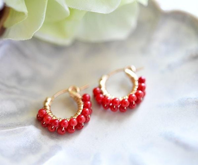 Double hoop earrings with red coral coral that raises luck and attracts prosperity March birthstone