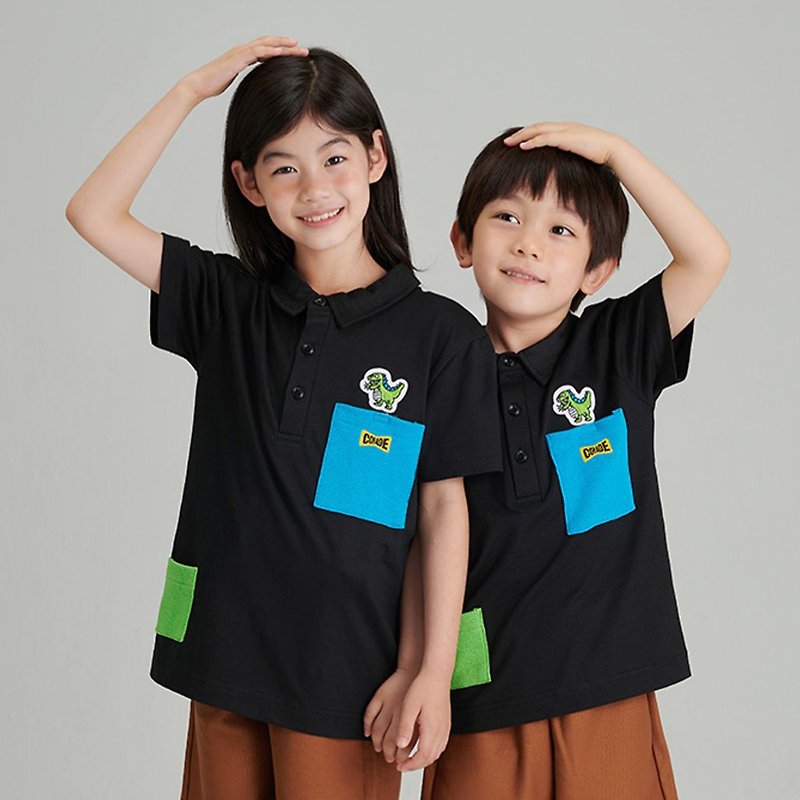 童裝 小恐龍刺繡黑色polo衫 拼色口袋 男孩女孩同款 5歲至10歲