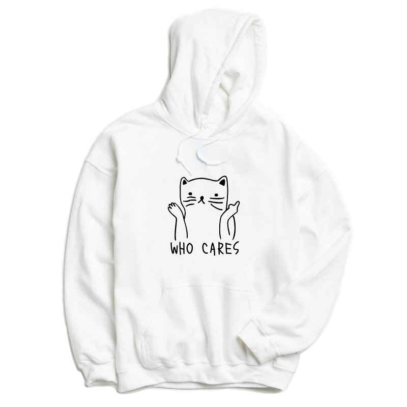 Who Cares Cat #2 谁在乎 前面图案 长袖帽T 刷毛 中性版 白色 猫 - 女装上衣 - 棉．麻 白色