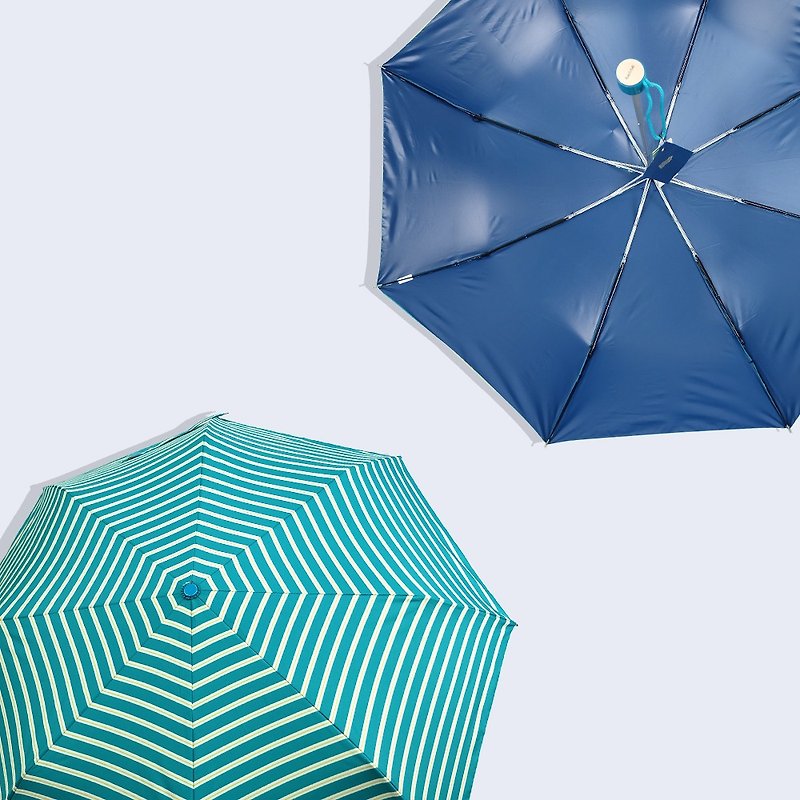 【台湾文创 Rain's talk】逆龄翻玩几何抗UV三折手开伞 蓝条纹 - 雨伞/雨衣 - 防水材质 蓝色