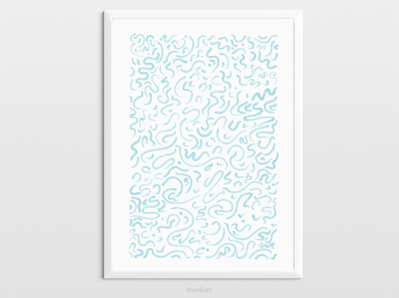 Abstract blue shapes and lines pattern wall art Handmade drawing modern poster - 海报/装饰画/版画 - 纸 蓝色