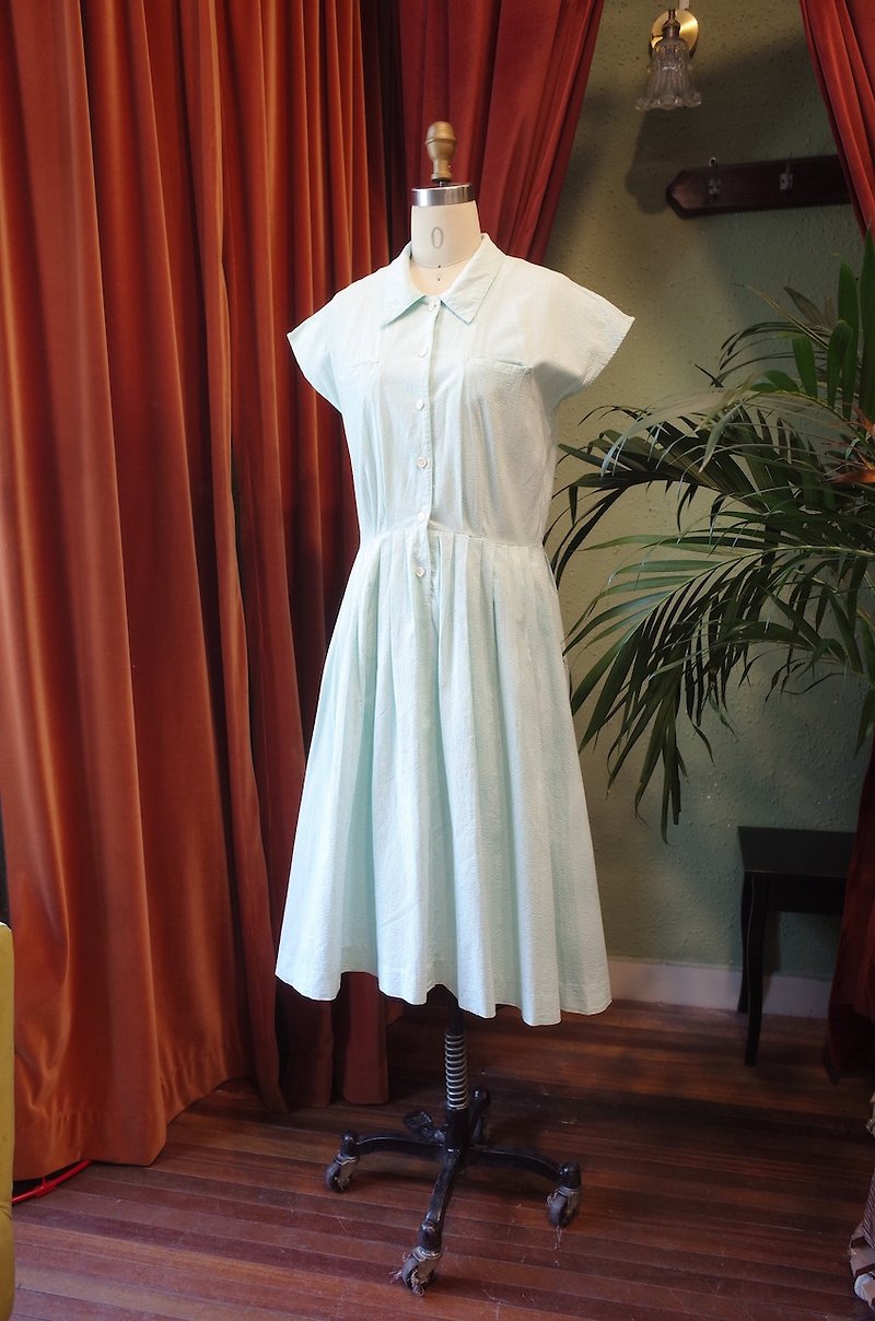 vintage dress清新薄荷綠條紋襯衫翻領連衣裙古著 - 洋装/连衣裙 - 棉．麻 