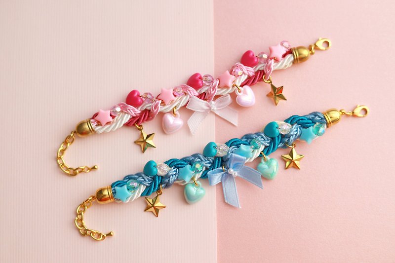 Cutie blue bow braided bracelet with charms - 手链/手环 - 聚酯纤维 多色