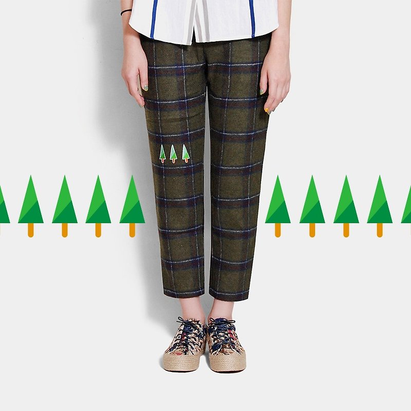 【墨儿推荐】三棵小瘦树／橄榄绿格呢子裤（版型偏小） - 女装长裤 - 纸 绿色
