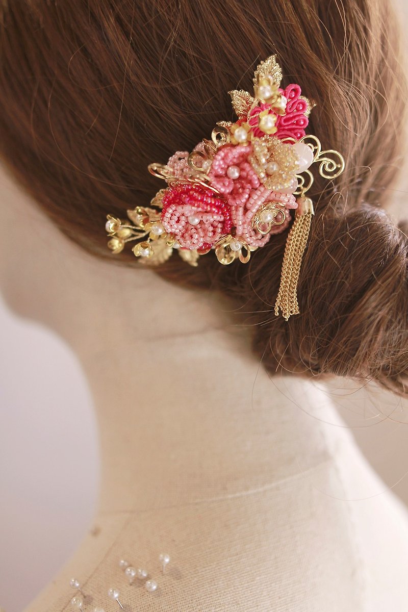 Bridal Headpiece,华丽新娘中式头饰,裙褂头饰,新娘饰品,新娘花饰 - 发饰 - 玻璃 粉红色