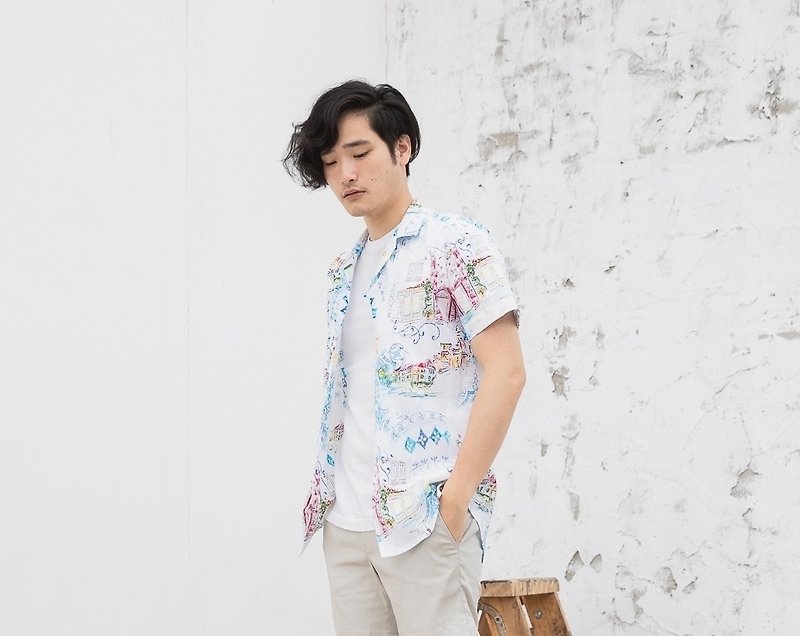 Water color - print shirt  color - 男装衬衫 - 棉．麻 白色