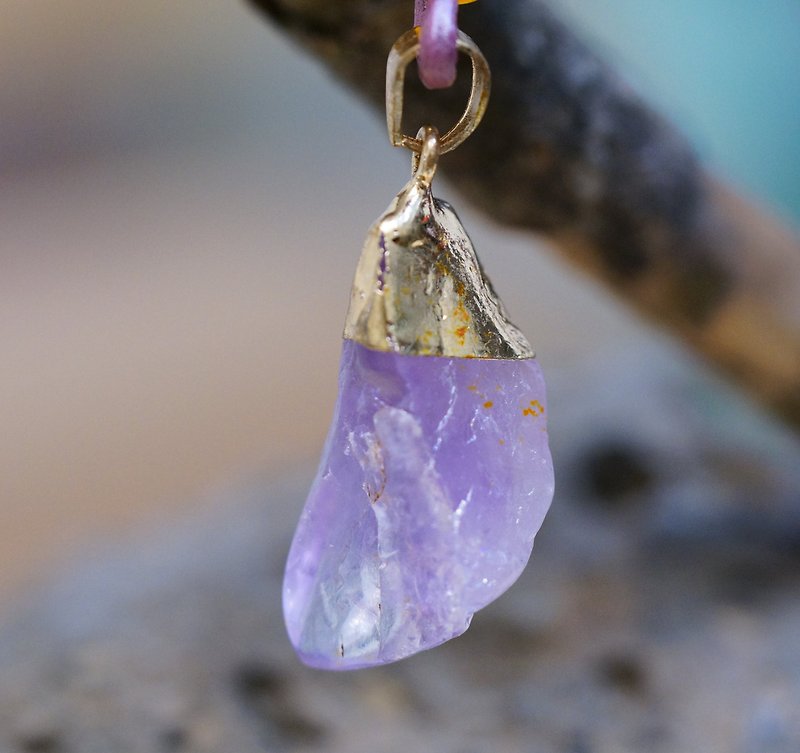 紫水晶原石皮绳颈链 Amethyst Raw Stone Leather Necklace-02 - 项链 - 水晶 
