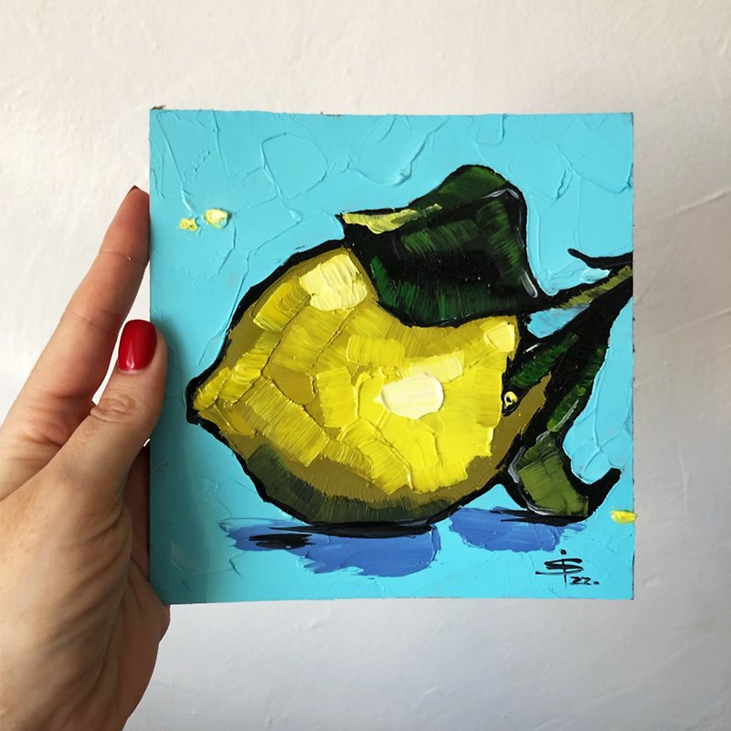 Lemon painting, Kitchen art, Mini oil painting, Food painting, Original Art - 墙贴/壁贴 - 其他材质 黄色