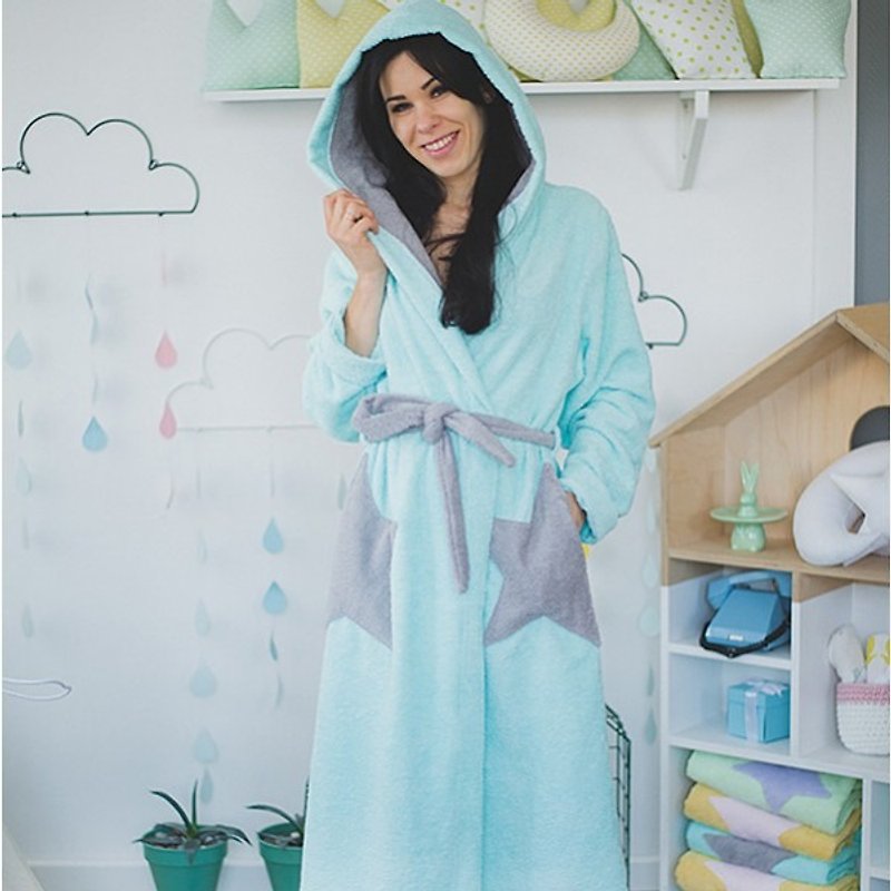 Women bathrobe with hood, blue star robe for women - 女装上衣 - 棉．麻 蓝色