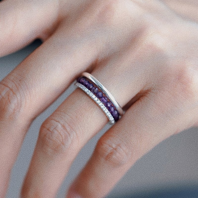 巴西紫水晶纯银戒指组合三件套 未时天然珠小众设计叠戴时尚女士 - 戒指 - 其他材质 紫色