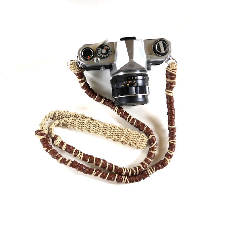 フェイクレザーと麻紐ヘンプのカメラストラップ/2重リング - 相机背带/脚架 - 棉．麻 咖啡色