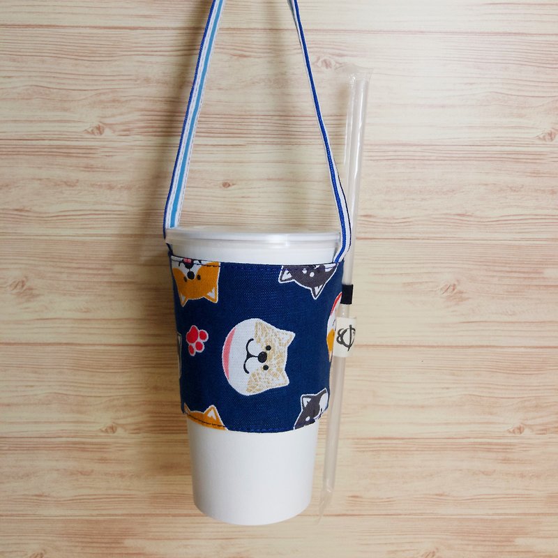 Bao-柴犬环保饮料提袋 - 随行杯提袋/水壶袋 - 棉．麻 蓝色