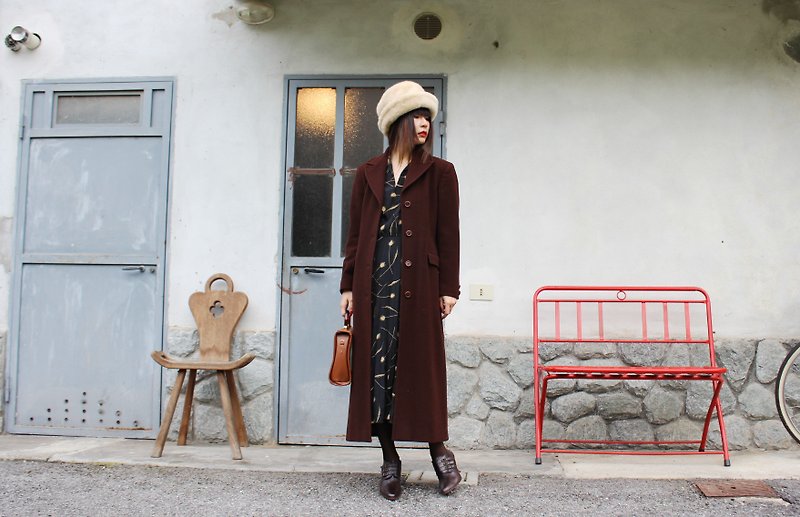 F3055[Vintage外套]意大利制咖啡色羊毛长大衣外套 - 女装休闲/机能外套 - 羊毛 咖啡色