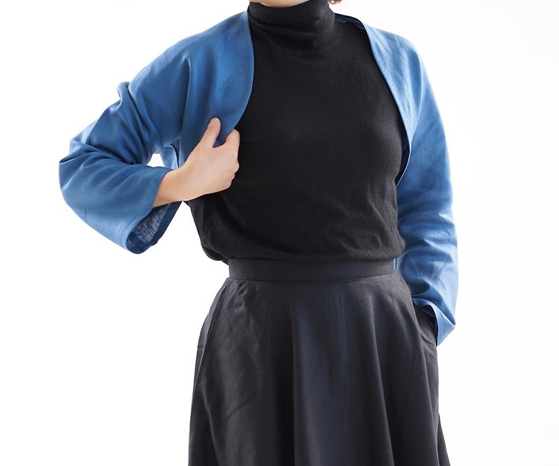 Linen Bell Sleeve Margaret Bolero / Blue Marine h006a-bum2 - 背带裤/连体裤 - 棉．麻 蓝色