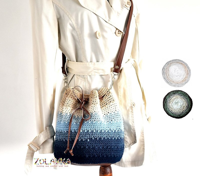 Blue bucket bag, crossbody cotton bag crochet, - 侧背包/斜挎包 - 棉．麻 蓝色