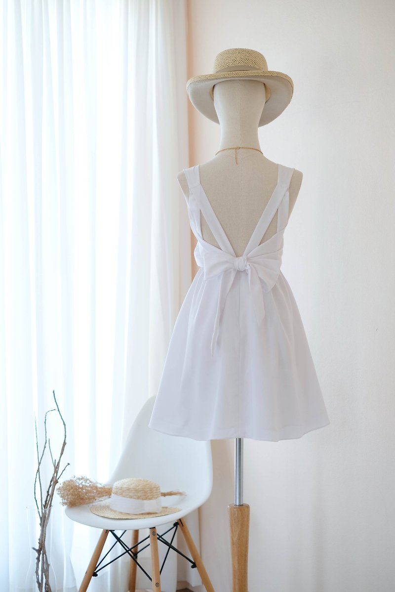 Pure white Dress Bridesmaid dress backless party Cocktail short dress - 晚装/礼服 - 聚酯纤维 白色