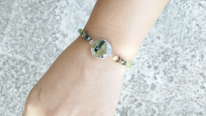 共生  ｜ Silver   Prehnite  矿石  纯银  葡萄石  橄榄石 - 手链/手环 - 宝石 绿色
