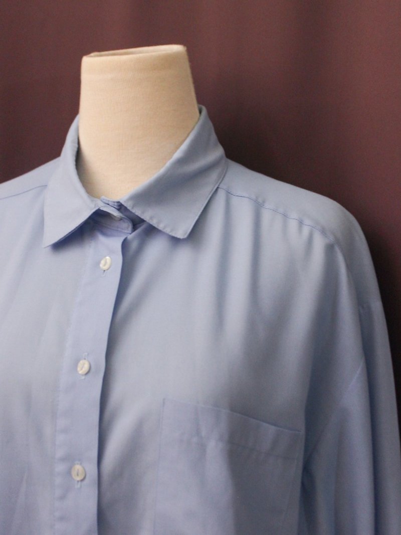 复古欧洲简约素色粉蓝色宽松长袖古着衬衫 Vintage Blouse - 女装衬衫 - 棉．麻 蓝色