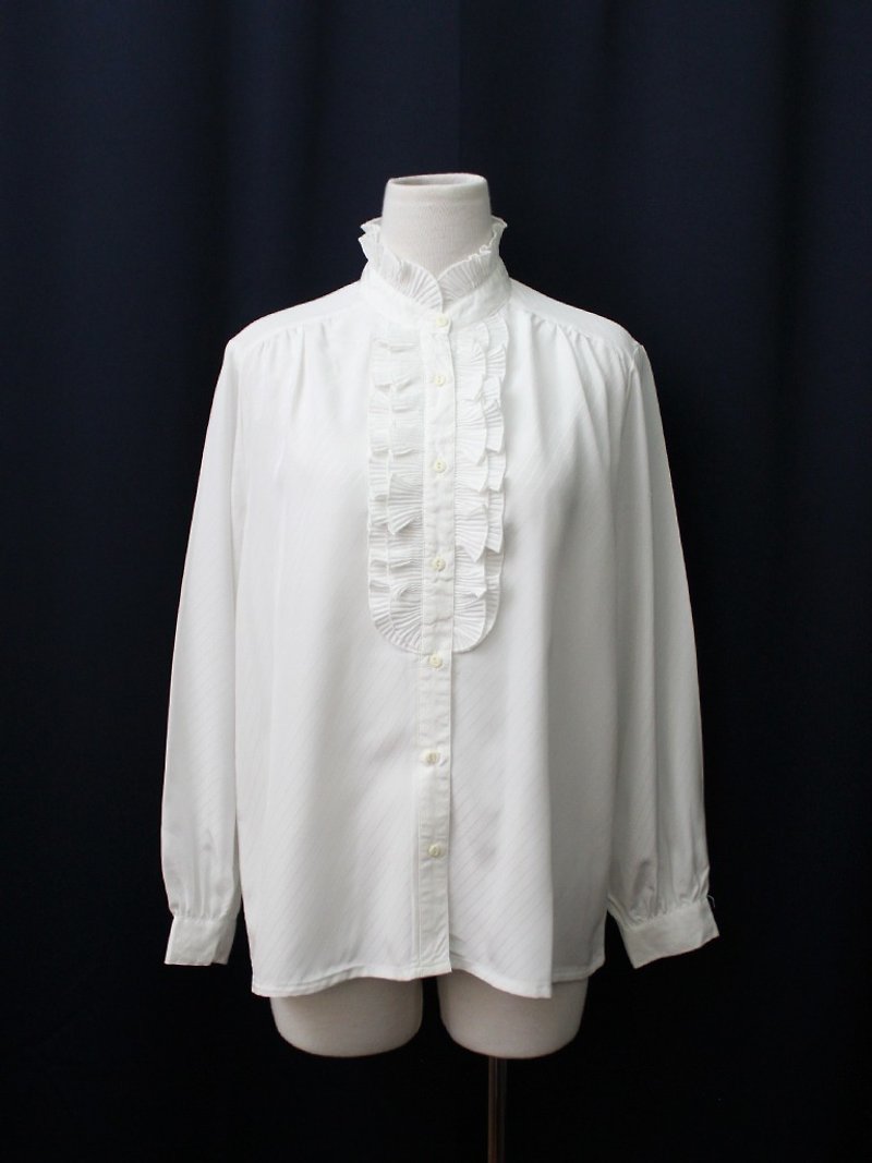 【RE0215T1756】日本制森林系立领条纹宽松白色古着衬衫 - 女装衬衫 - 聚酯纤维 白色