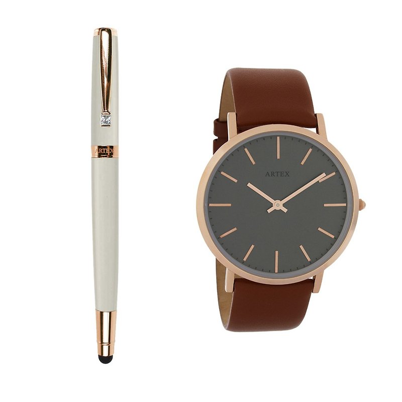 【即将完售5折】ARTEX 雅致触控钢珠笔-玫瑰金/白管+Style手表 - 女表 - 真皮 咖啡色