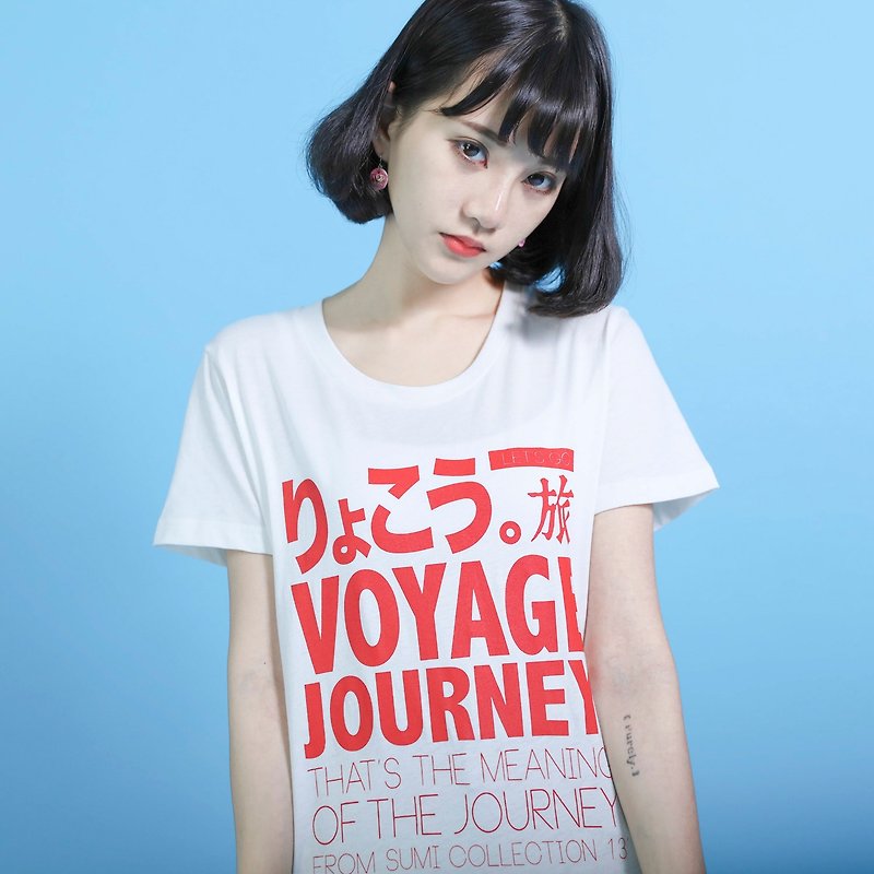 Travel 旅行语言T-shirt_宽版_6SF003_米白/红 - 女装 T 恤 - 棉．麻 白色