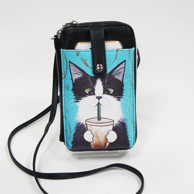 爱喝饮料的猫咪童趣护照手机包/钱包两用斜背包 蓝黑色 - 爱雪莉 - 侧背包/斜挎包 - 人造皮革 黑色