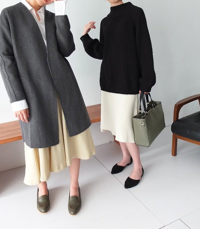 灰/炭灰可双面穿着喀什米尔敞开式大衣(左) - 女装休闲/机能外套 - 羊毛 