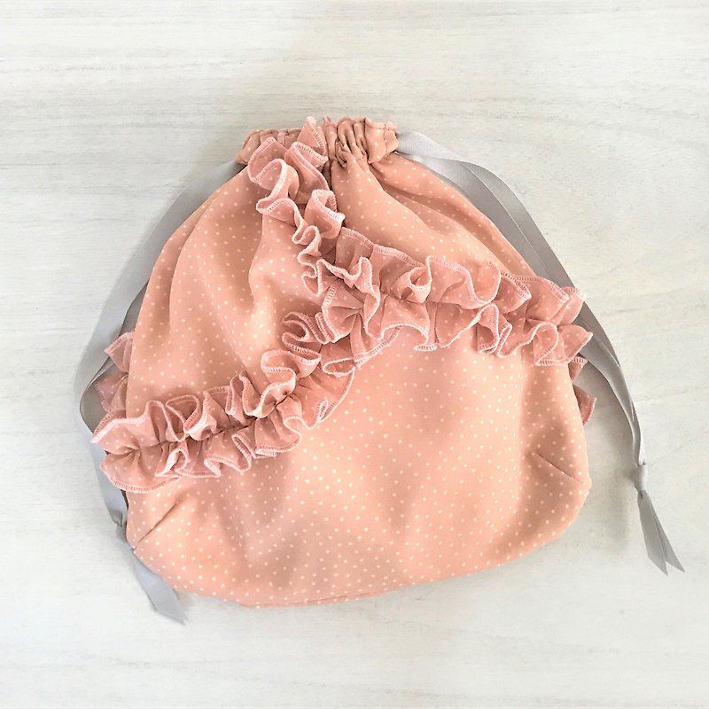ランダムプチドット 水玉フリル巾着ポーチ ピンク×オフホワイト - 化妆包/杂物包 - 聚酯纤维 粉红色