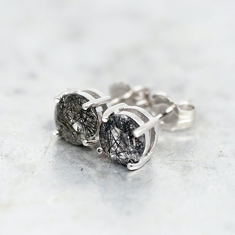 Black Rutilated Quartz Earrings, Sterling Silver Rhodium Plated, 6mm Round - 耳环/耳夹 - 其他金属 黑色