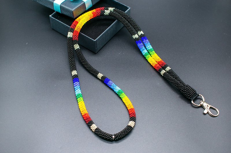 黑白串珠美洲原住民徽章分离式安全挂绳 - 挂绳/吊绳 - 玻璃 