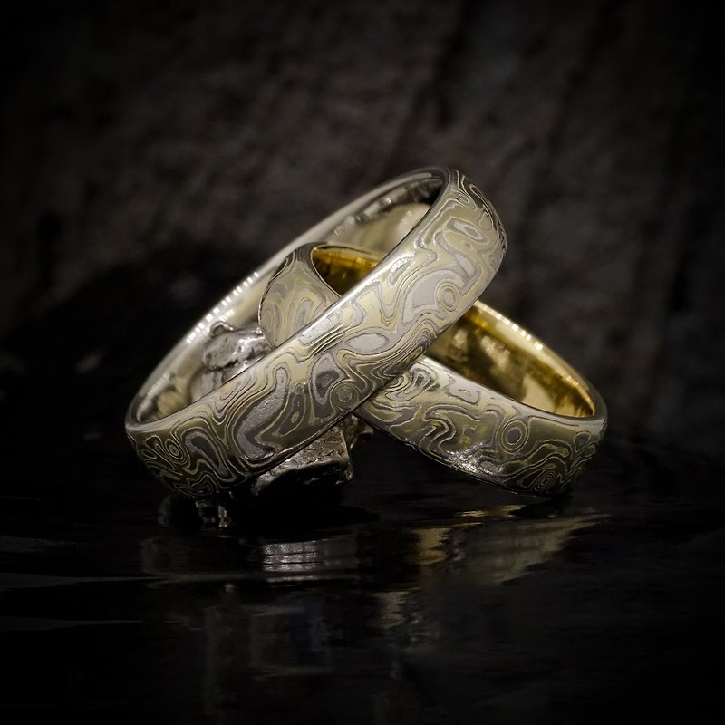 Mokume gane wedding rings Chaotic in platinum, yellow gold and silver - 对戒 - 贵金属 金色