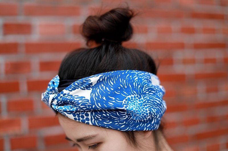 粼粼 巾帽式 x 芬兰系列 松紧极宽版/手工发带 - 发带/发箍 - 棉．麻 蓝色