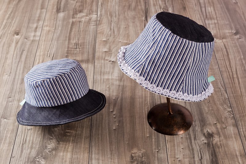 亲子系列_marine水手风蓝白条纹帽子 (花边会使用另外的款式) - 帽子 - 棉．麻 蓝色
