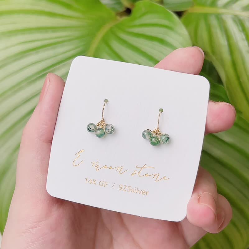 水草玛瑙石 小串耳环 - 耳环/耳夹 - 水晶 绿色