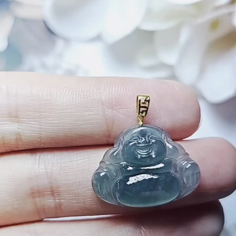 |18k招财开心佛|a货翡翠冰玻蓝水佛公23mm订制款18k吊坠 - 项链 - 玉石 