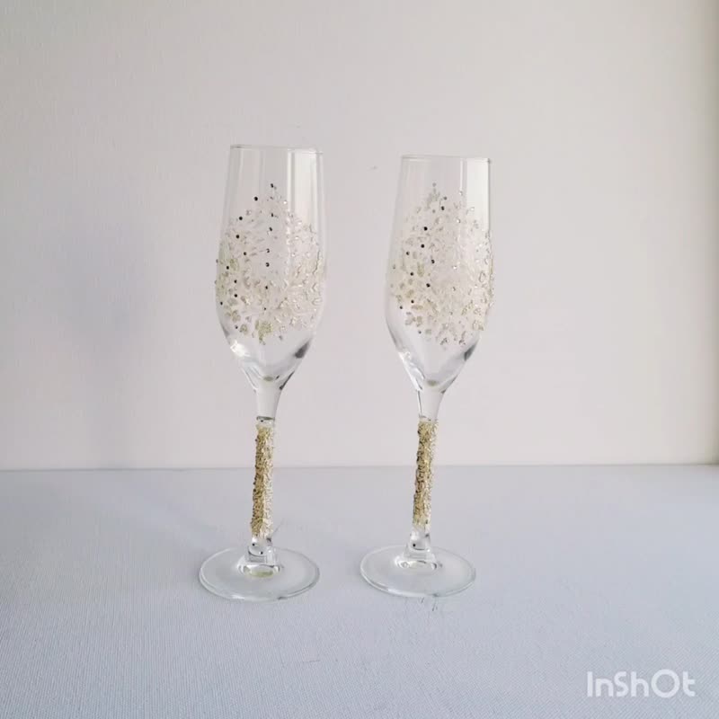婚礼长笛套装饰有独特图案和水晶艺术优雅玻璃 - 酒杯/酒器 - 玻璃 透明