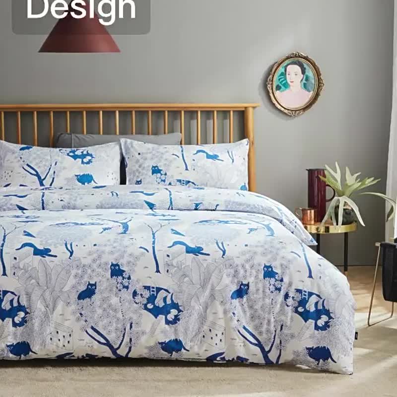 藍印喵  單人雙人床單/床包 手繪貓咪40支純棉床品 枕套被套另購 - 寝具 - 棉．麻 白色