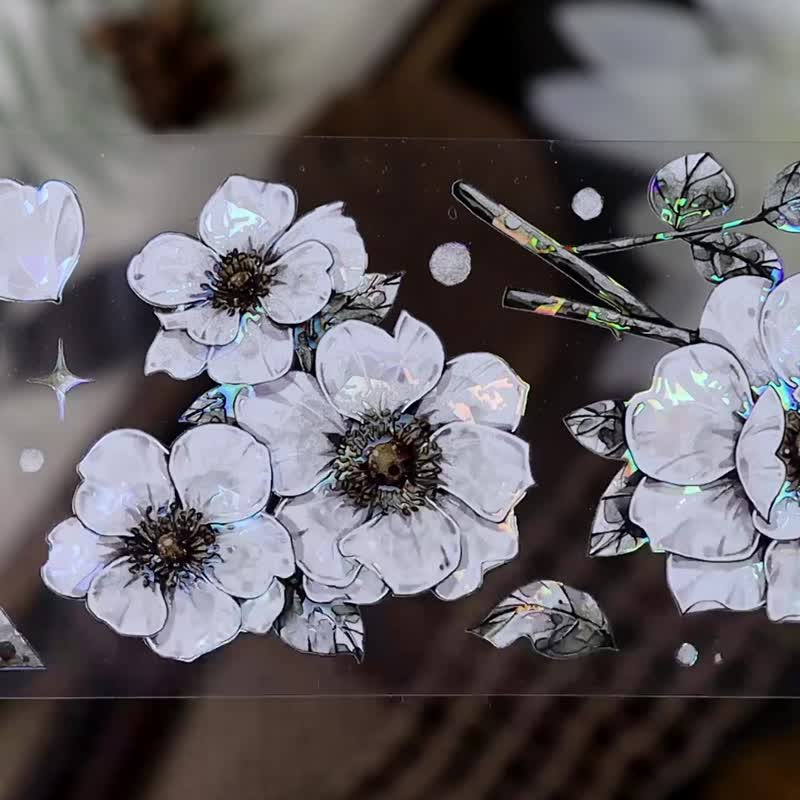 OKMT新七天 咕卡贴纸PET手帐手账胶带 花卉特材 复古白蔷薇 整卷 - 纸胶带 - 塑料 白色