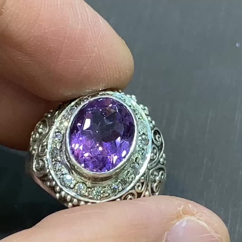 天然 紫水晶 戒指 尼泊尔 手工制 925纯银 - 戒指 - 水晶 紫色