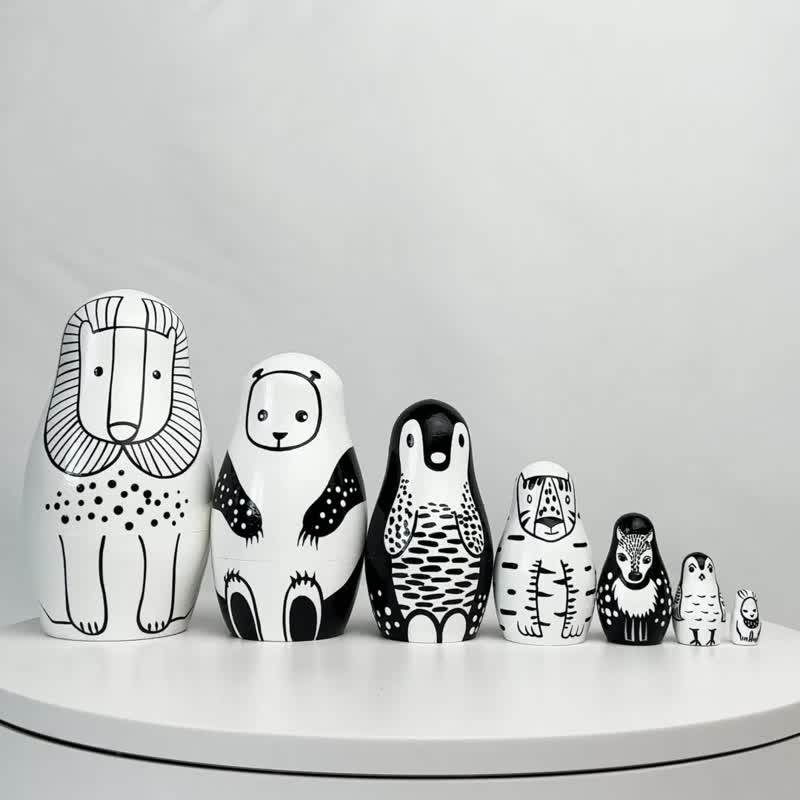 动物套娃娃 - 黑白装饰 - 木质堆叠玩具 - 玩具/玩偶 - 木头 黑色