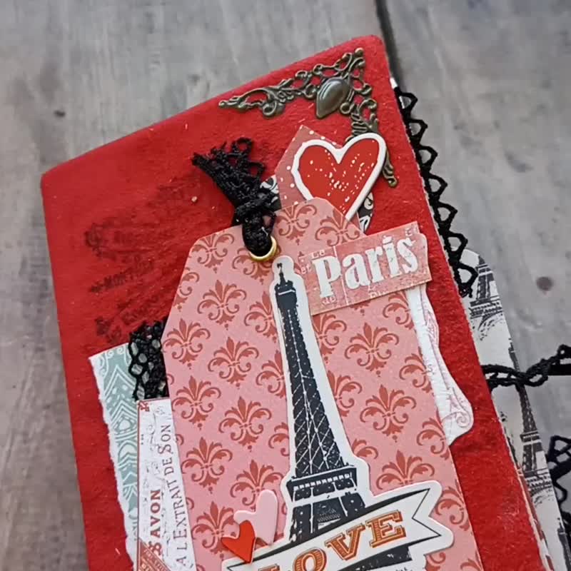 Paris junk journal handmade Travel dairy European holiday notebook for girls - 笔记本/手帐 - 纸 红色