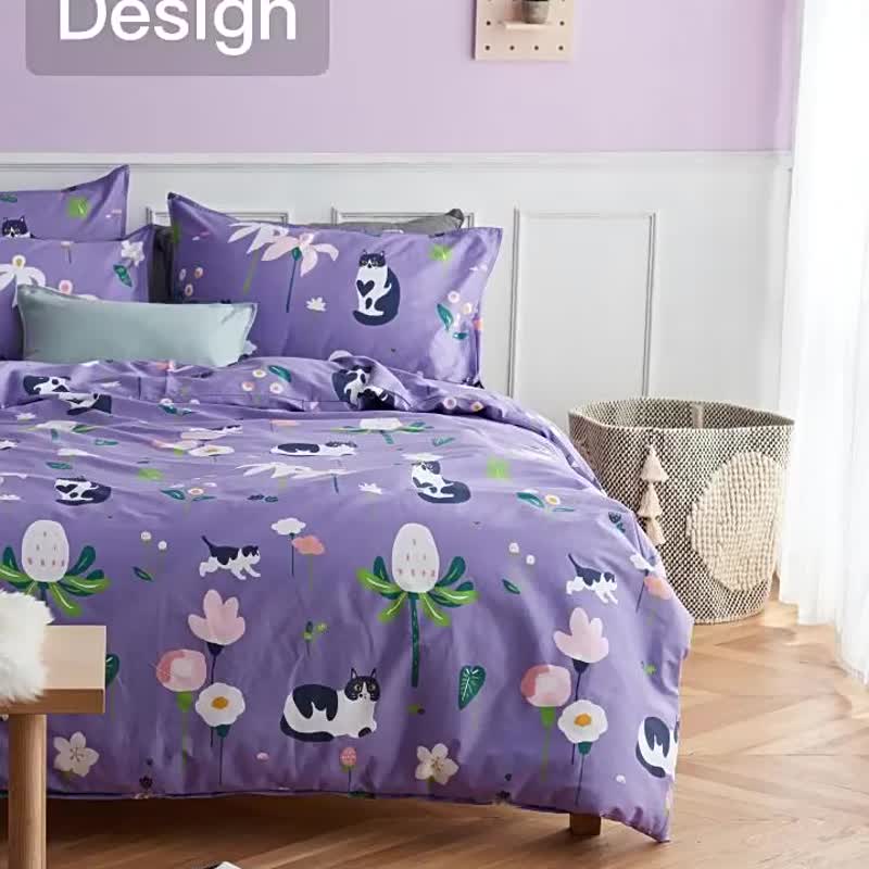 紫郁喵 枕套+被套兩件組 單人雙人原創手繪貓咪40支純棉 床包另購 - 寝具 - 棉．麻 紫色