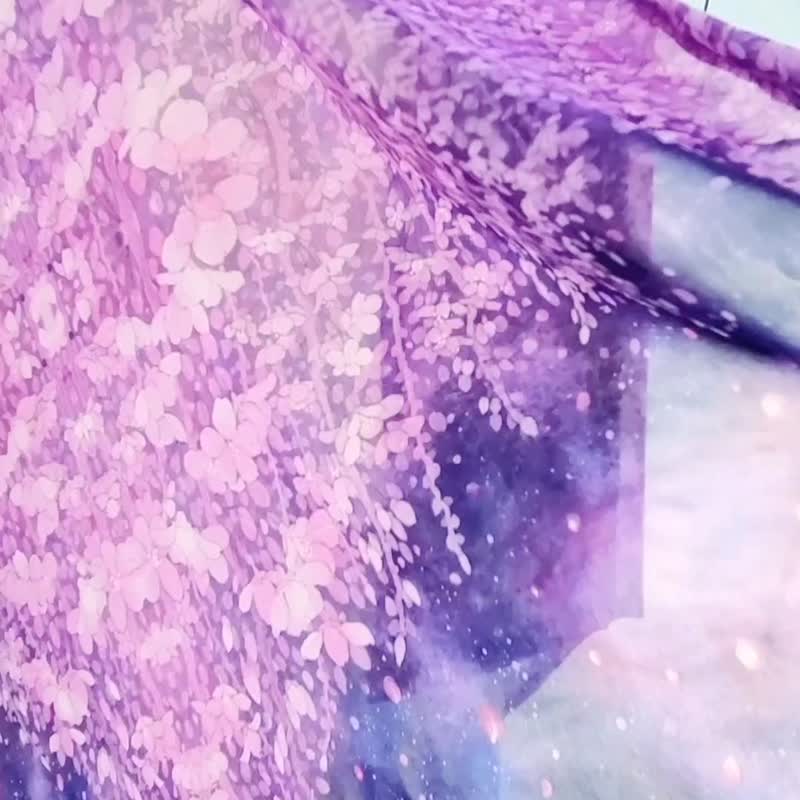 【night cherry blossoms of Virgo spica】水彩画　アートシフォンストール　深藍　ファッション　スカーフ　枝下桜 - 围巾/披肩 - 聚酯纤维 蓝色