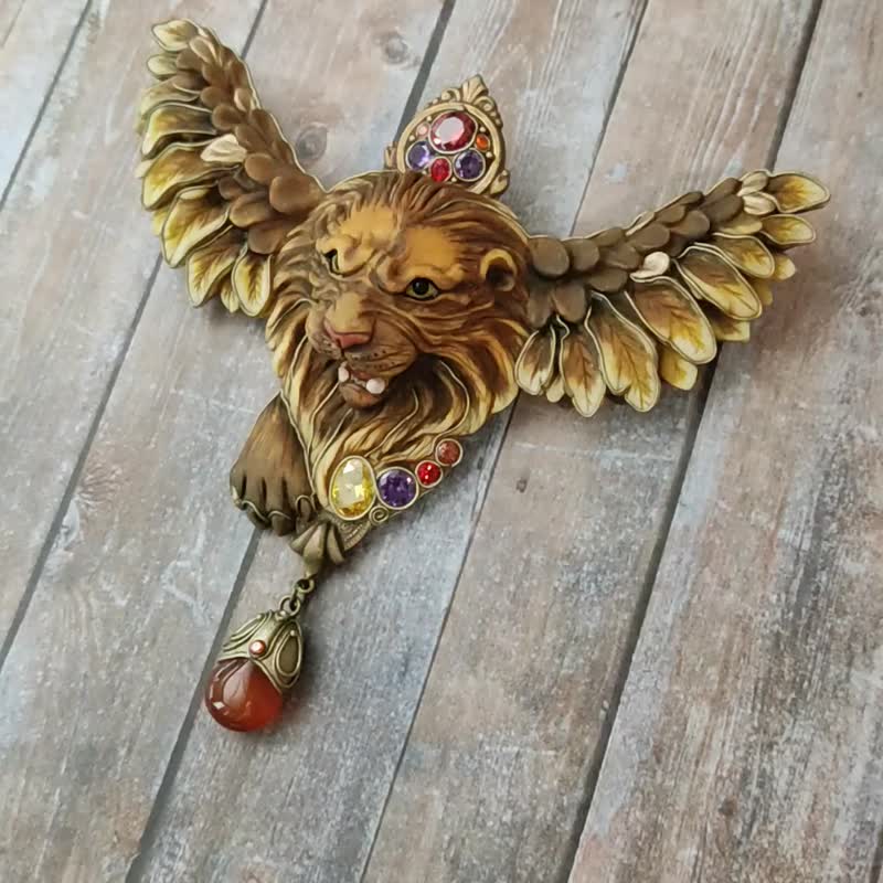 Saint Mark Lion brooch, Lion of Venice brooch, Winged Lion Jewelry, Lion brooch - 胸针 - 粘土 橘色