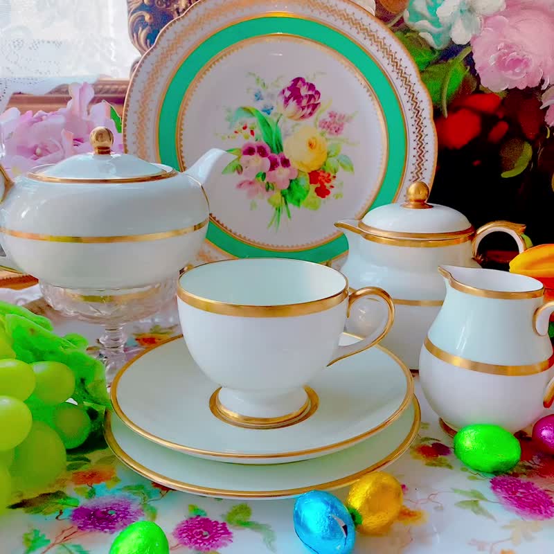 英国制皇家Wedgwood1891年湖水绿三色手绘镶金咖啡杯花茶杯两件组 - 茶具/茶杯 - 瓷 绿色