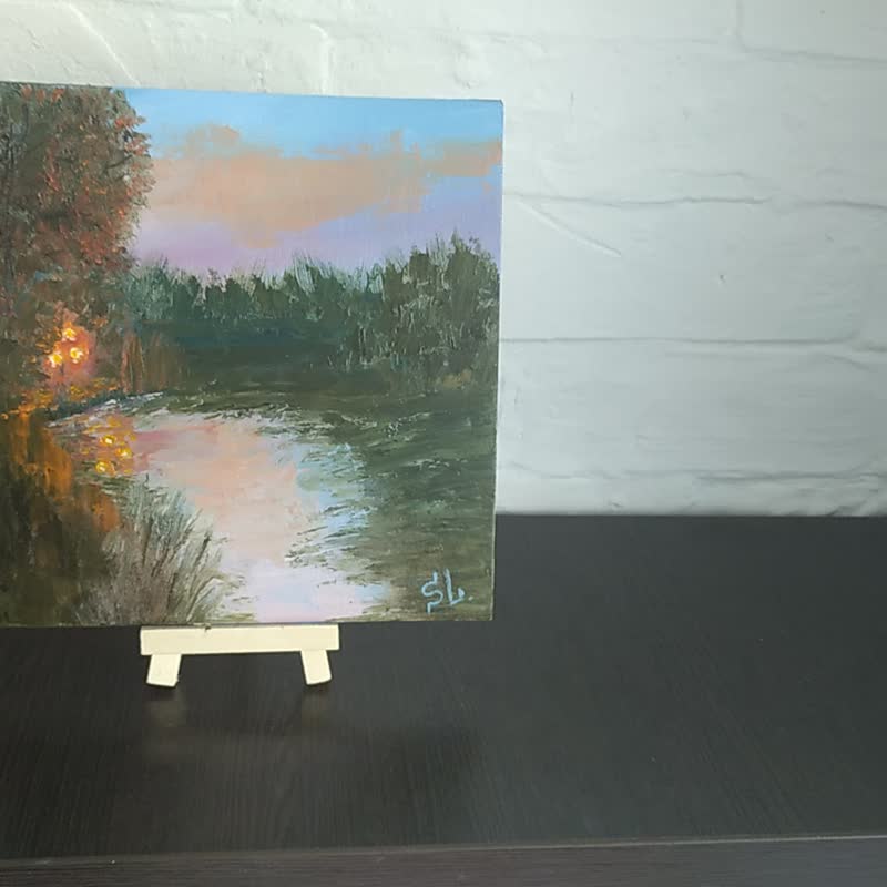 Evening Landscape Original Art Wall Art Impasto Sunset River Oil Painting Canvas - 海报/装饰画/版画 - 其他材质 多色