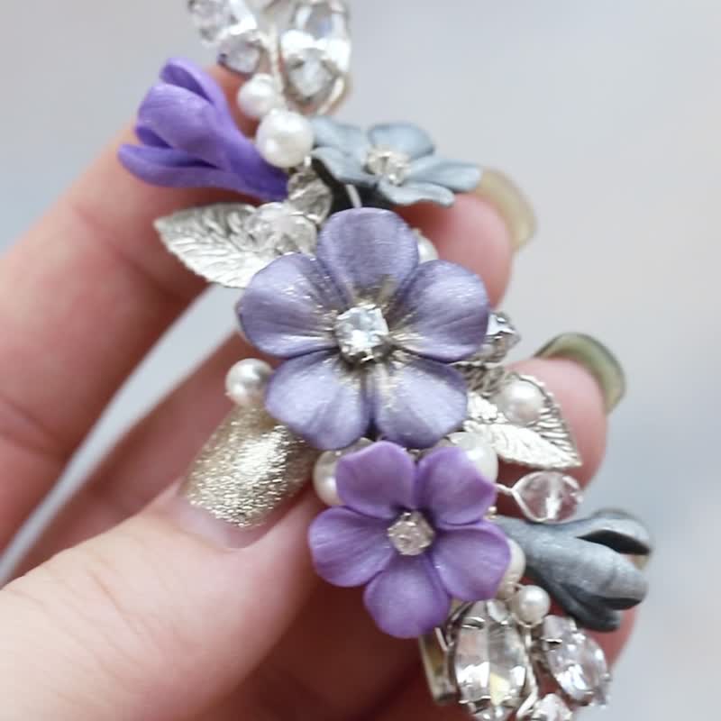灰紫色灰色花朵发夹，花卉首饰，薰衣草新娘发片 - 发饰 - 粘土 紫色