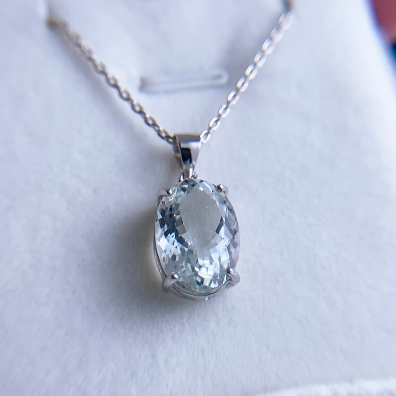 天然海蓝宝 超净透 海蓝宝椭圆项链 4.46克拉 925纯银 3月诞生石 - 项链 - 宝石 透明