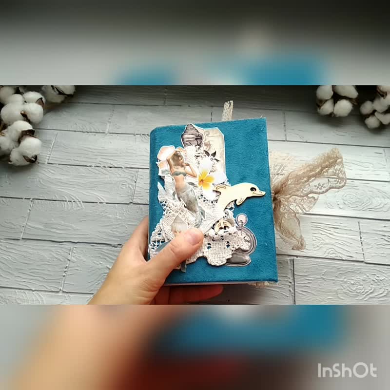 Mermaid junk journal for sale Thick ocean lace notebook homemade Fairytale book - 笔记本/手帐 - 纸 蓝色